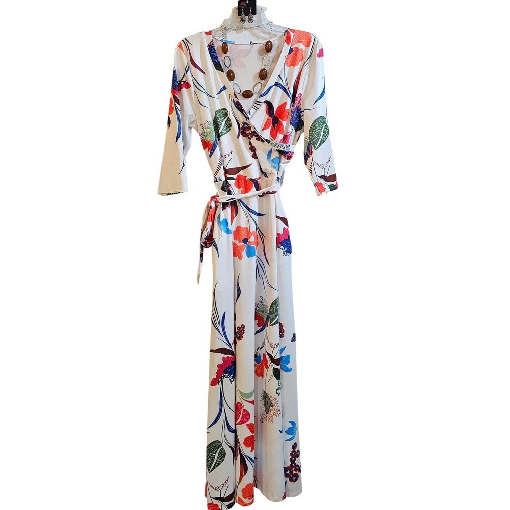 Womens Tropical Floral Wrap Maxi Dress‎  3/4 Sleeve Large w/ necklace & earrings - Picture 2 of 7